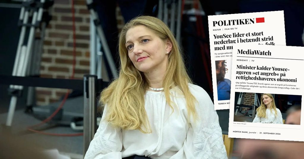 Kulturminister Zenia Stampe med udklip af artikler fra Politiken og MediaWatch om striden med TDC/YouSee